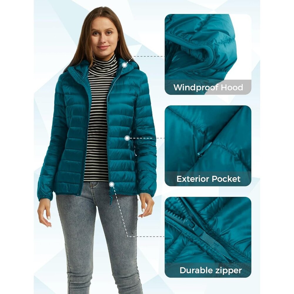 Women's Teal Blue Short Down Hooded Puffer Jacket Coat Fabric Packable Ultra - Picture 6 of 6